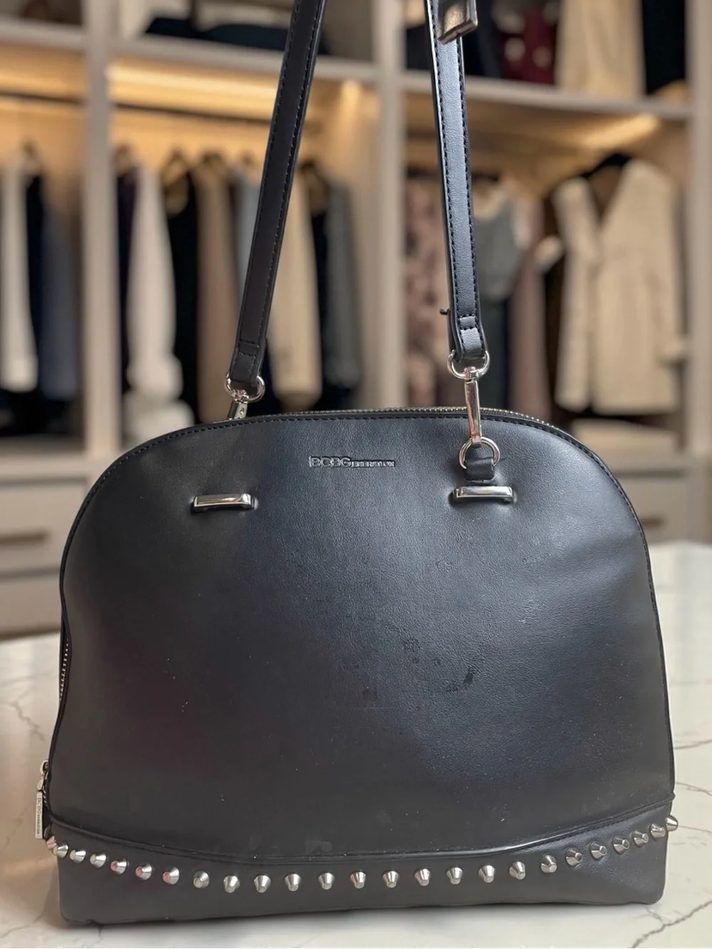 BCBGeneration Black Dome Satchel Studded Crossbody Shoulder Handbag
